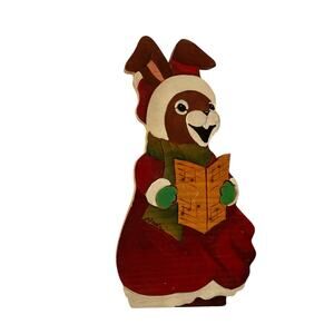 VTG Hand painted Wooden Bunny Christmas Caroler Shelf Sitter Woodland Decor